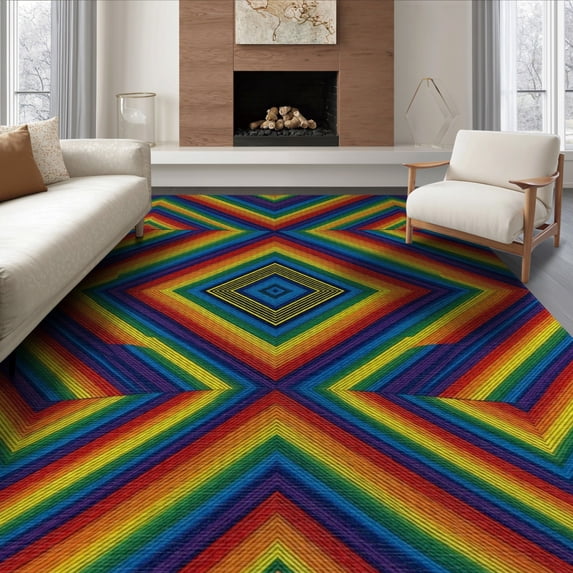 ODIKA 6'x9' Washable Area Rug Rainbow Striped Door Diamond Emblem Pride Flag Themed Entrance for Family Room, Living Room, Master Bedroom, Non-Slip, Easy Care