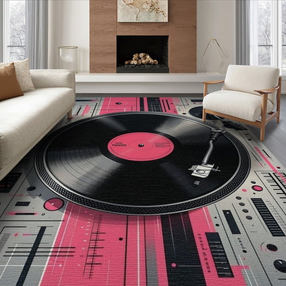 ODIKA 6'x9' Washable Area Rug Record Dj Vinyl Turntable Retro Music Note Symmetry Player Cassette for Family Room, Living Room, Master Bedroom, Non-Slip, Easy Care