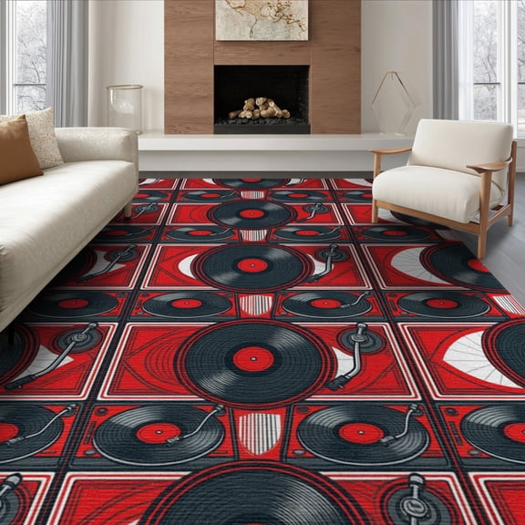 ODIKA 6'x9' Washable Area Rug Record Dj Vinyl Turntable Vintage Spinning Disc Music Player for Dining Room, Under Table, Office Décor, Non-Slip Chair-Friendly