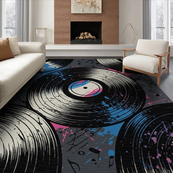 ODIKA 6'x9' Washable Area Rug Record Graffiti Grunge Disc Round Movie Eight Music Note Vinyl Playful for Family Room, Living Room, Master Bedroom, Non-Slip, Easy Care