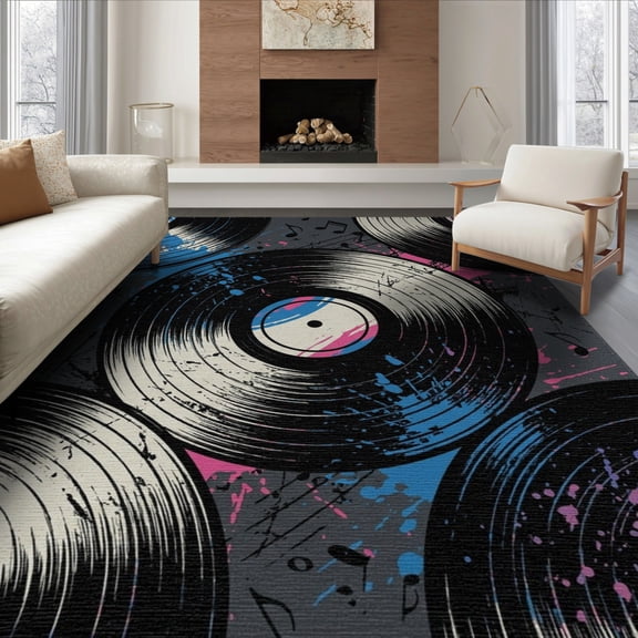 ODIKA 6'x9' Washable Area Rug Record Graffiti Grunge Disc Round Movie Eight Music Note Vinyl Playful for Family Room, Living Mater Bedroom, Non-Slip, Easy Care