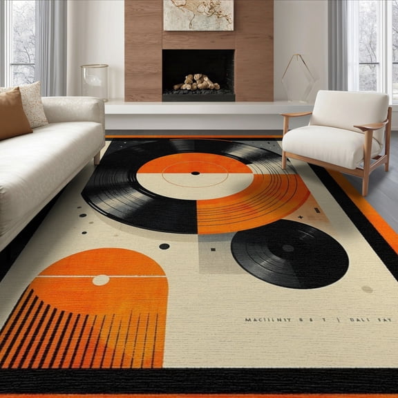 ODIKA 6'x9' Washable Area Rug Record Music Vinyl Retro Spinning Disc Groove Border Shaped Round for Dining Room, Under Table, Office Décor, Non-Slip Chair-Friendly