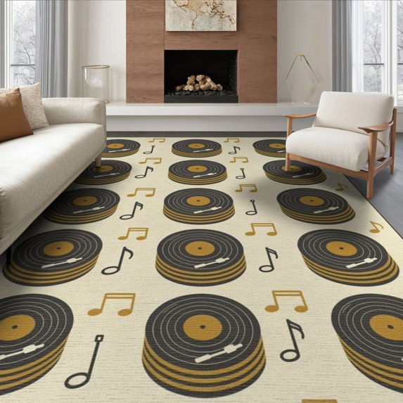 ODIKA 6'x9' Washable Area Rug Record Vinyl Vintage Turntable Scattered Music Symbols Shaped for Queen Size Bedroom, Under Bed, Master Suite, Easy Care, Non-Shedding