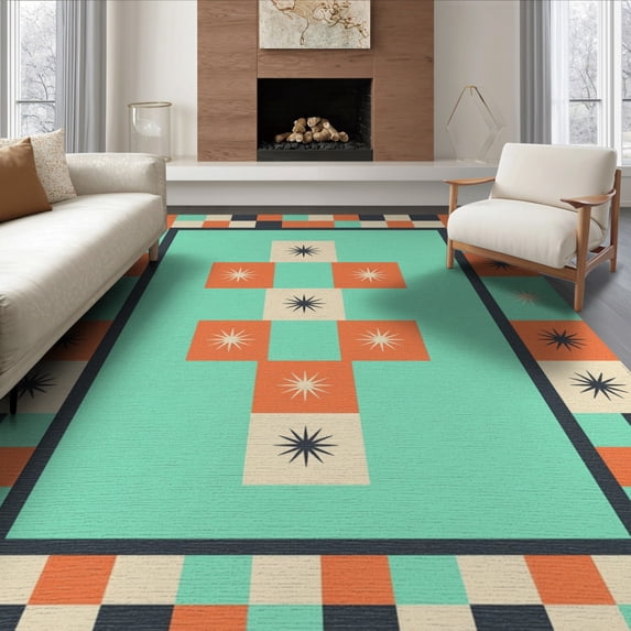 ODIKA 6'x9' Washable Area Rug Retro Bright Mint Tangerine Hopscotch Colorblock Design with Starburst Checkerboard for Dining Room, Under Table, Office Décor, Non-Slip Chair-Friendly