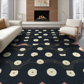 ODIKA 6'x9' Washable Area Rug Retro Vinyl Record Flowing Design Classic Audio Theme for Queen Size Bedroom, Under Bed, Master Suite, Easy Care, Non-Shedding