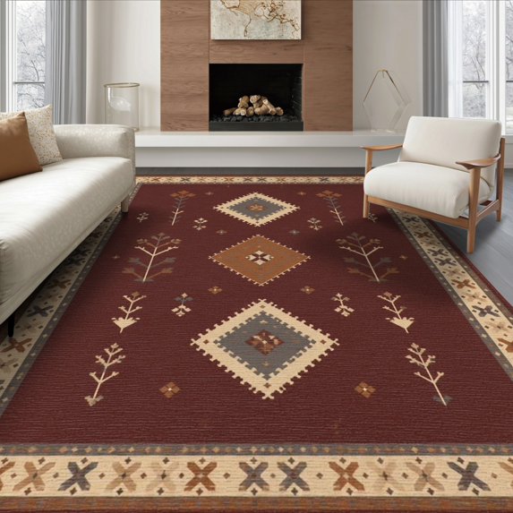 ODIKA 6'x9' Washable Area Rug Rich Burgundy Geometric Diamonds Intricate Floral Accents and Borders for Dining Room, Under Table, Office Décor, Non-Slip Chair-Friendly