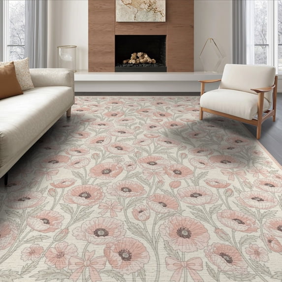 ODIKA 6'x9' Washable Area Rug Round Symmetrical Pink Scrolling Blooming Clusters Teal Anime for Dining Room, Under Table, Office Décor, Non-Slip Chair-Friendly