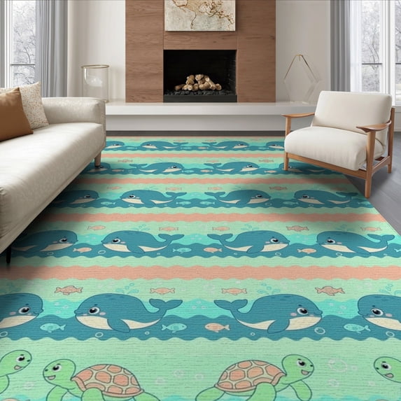ODIKA 6'x9' Washable Area Rug Sea Turtle Cartoon Ocean Animal With Wave Stripe Accents Whale Flowing Dynamic for Dining Room, Under Table, Office Décor, Non-Slip Chair-Friendly