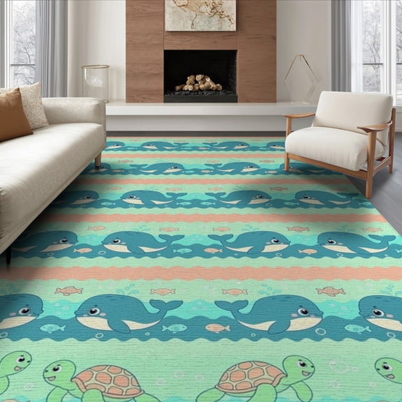 ODIKA 6'x9' Washable Area Rug Sea Turtle Cartoon Ocean Animal With Wave Stripe Accents Whale Flowing Dynamic for Dining Room, Under Table, Office Décor, Non-Slip Chair-Friendly