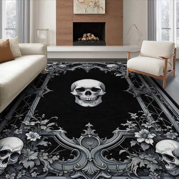 ODIKA 6'x9' Washable Area Rug Skull Gothic Skeleton Medallion With Victorian Filigree Accents for Dining Room, Under Table, Office Décor, Non-Slip Chair-Friendly