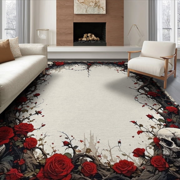 ODIKA 6'x9' Washable Area Rug Skull Gothic Skeleton Vine Frame Ornate Filigree Damask Border for Dining Room, Under Table, Office Décor, Non-Slip Chair-Friendly