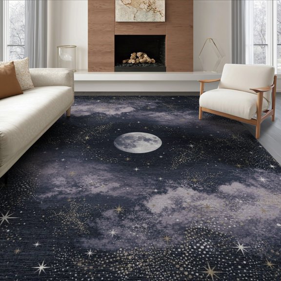 ODIKA 6'x9' Washable Area Rug Sky Galaxy Cloud Motif With Cosmic Moon And Star Border Starry Flowing Dynamic for Dining Room, Under Table, Office Décor, Non-Slip Chair-Friendly