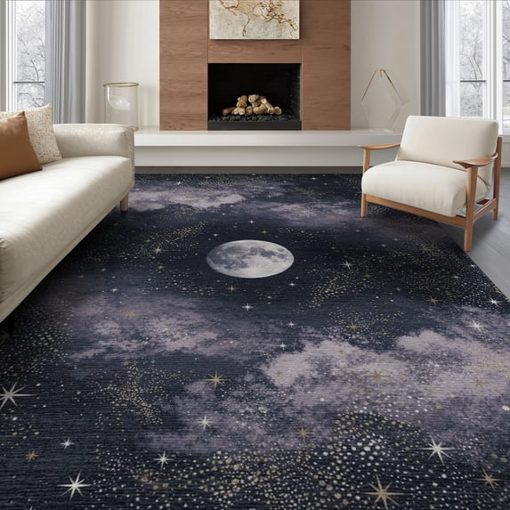 ODIKA 6'x9' Washable Area Rug Sky Galaxy Cloud Motif With Cosmic Moon And Star Border Starry Flowing Dynamic for Dining Room, Under Table, Office Décor, Non-Slip Chair-Friendly