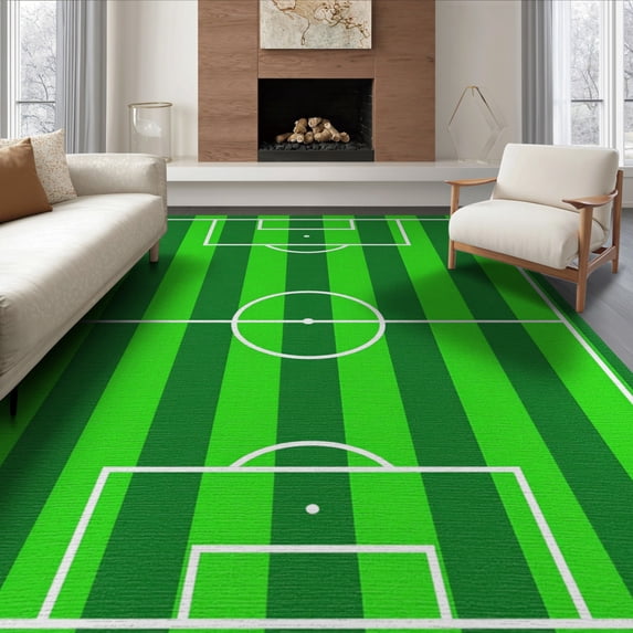 ODIKA 6'x9' Washable Area Rug Soccer Pitch Stripes Goal Border Interactive Velvet Football Field Refined for Family Room, Living Mater Bedroom, Non-Slip, Easy Care