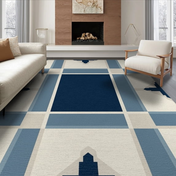 ODIKA 6'x9' Washable Area Rug Solid That Navy Center Grid Inspired Farmhouse Couch Geometric for Family Room, Living Room, Master Bedroom, Non-Slip, Easy Care