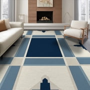 ODIKA 6'x9' Washable Area Rug Solid That Navy Center Grid Inspired Farmhouse Couch Geometric for Family Room, Living Roo