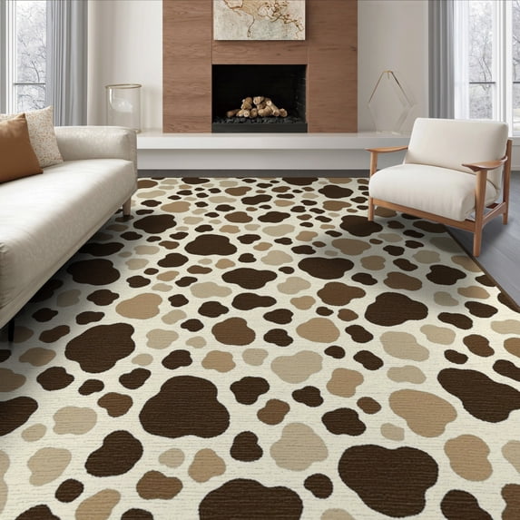 ODIKA 6'x9' Washable Area Rug Spotted Print Boho Splotch Motif Fake Cow That Feel Placemats Table Flowing for Queen Size Bedroom, Under Bed, Master Suite, Easy Care, Non-Shedding