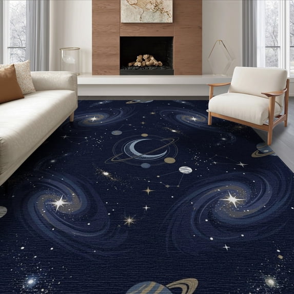 ODIKA 6'x9' Washable Area Rug Starry Motifs Planetary Planets Stars Themed Large Galaxy Nebula Playful for Queen Size Bedroom, Under Bed, Master Suite, Easy Care, Non-Shedding