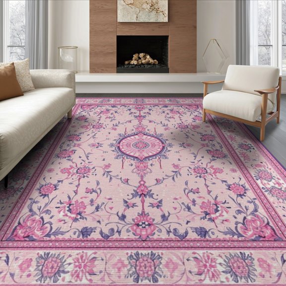 ODIKA 6'x9' Washable Area Rug Storybook Carousel Whimsical Spinning Motifs Central Bloom Medallion for Family Room, Living Room, Master Bedroom, Non-Slip, Easy Care