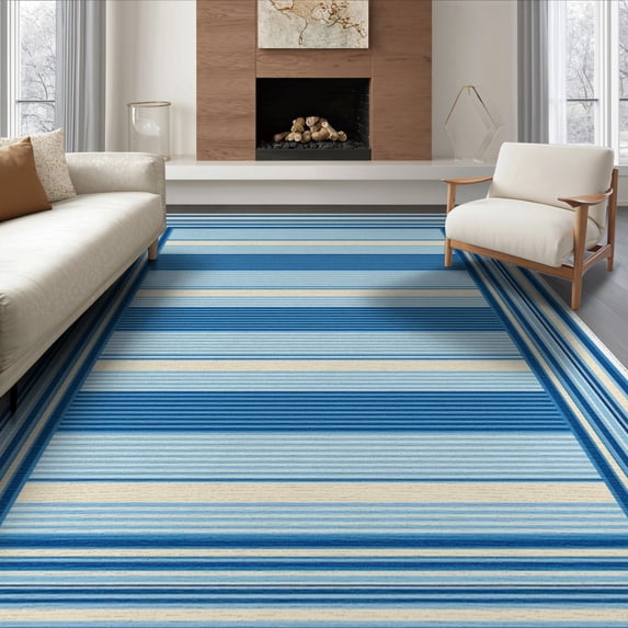 ODIKA 6'x9' Washable Area Rug Striped Alternating Band Contemporary Geometric Motifs Scandinavian for Queen Size Bedroom, Under Bed, Master Suite, Easy Care, Non-Shedding