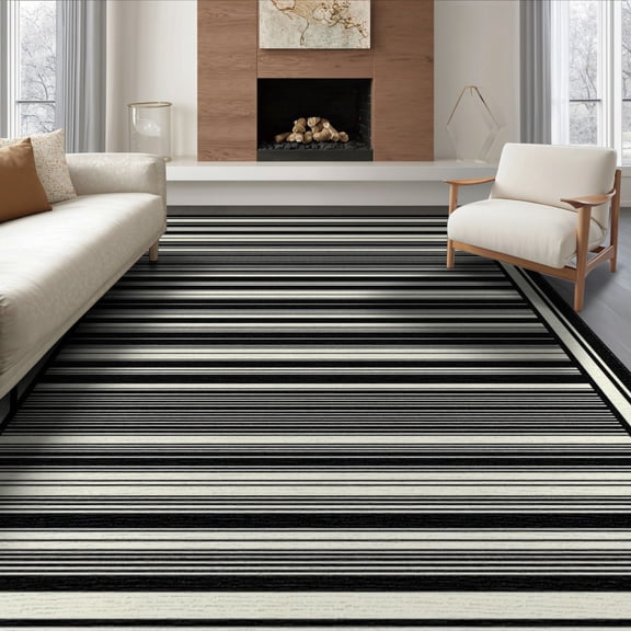 ODIKA 6'x9' Washable Area Rug Striped Typography Layered Band Doormat Contrasting Herringbone for Family Room, Living Room, Master Bedroom, Non-Slip, Easy Care