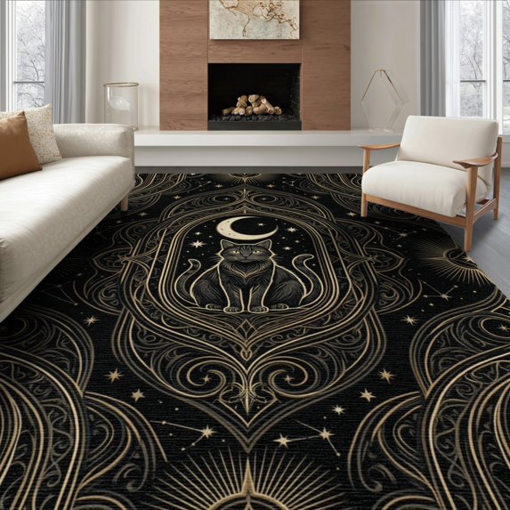 ODIKA 6'x9' Washable Area Rug Tarot Gothic Details Phase Arch Mystical Motifs Goth Minimalist Refined for Dining Room, Under Table, Office Décor, Non-Slip Chair-Friendly