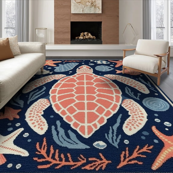 ODIKA 6'x9' Washable Area Rug Theme Nautical Door Turtle Coral Seashell Reef Wave Border Scatter for Queen Size Bedroom, Under Bed, Master Suite, Easy Care, Non-Shedding