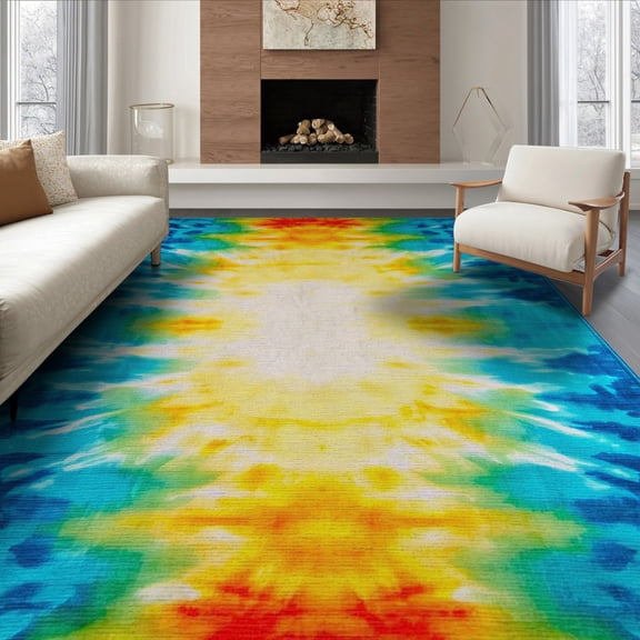 ODIKA 6'x9' Washable Area Rug Tie Dye Boho Sunburst Ombre Gradient With Abstract Rainbow Ray Border for Dining Room, Under Table, Office Décor, Non-Slip Chair-Friendly