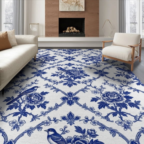 ODIKA 6'x9' Washable Area Rug Toile With Branching Blossom And Bird Scene Chinoiserie Floral Refined for Family Room, Living Mater Bedroom, Non-Slip, Easy Care