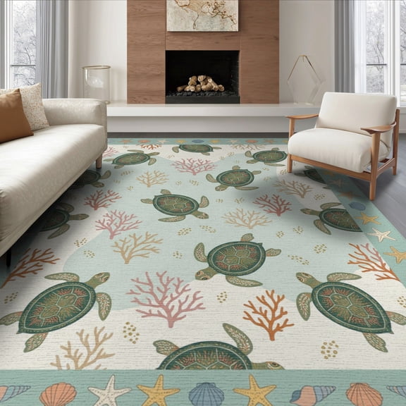 ODIKA 6'x9' Washable Area Rug Tropical Toss With Nautical Starfish Border Sea Turtle Summer Playful Expressive for Family Room, Living Room, Master Bedroom, Non-Slip, Easy Care