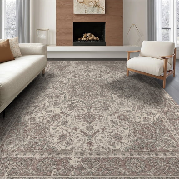 ODIKA 6'x9' Washable Area Rug Vintage Oriental Medallion With Distressed Floral Border Boho Flowing Dynamic for Dining Room, Under Table, Office Décor, Non-Slip Chair-Friendly