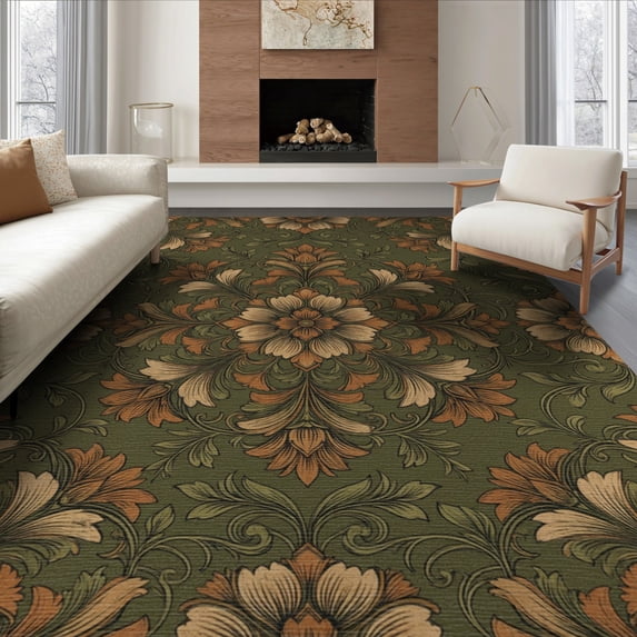 ODIKA 6'x9' Washable Area Rug Vintage Sage Distressed Vine Border Decorative Traditional Chartreuse for Family Room, Living Room, Master Bedroom, Non-Slip, Easy Care