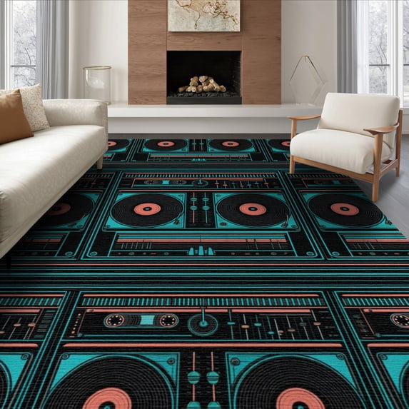 ODIKA 6'x9' Washable Area Rug Vinyl Mixer Retro Cassette Music Border Player Turntable Record Dj Refined for Family Room, Living Mater Bedroom, Non-Slip, Easy Care