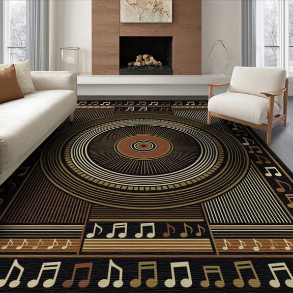 ODIKA 6'x9' Washable Area Rug Vinyl Note Record Cd Disc Vintage Border Round Themed Shaped Music Flowing for Queen Size Bedroom, Under Bed, Master Suite, Easy Care, Non-Shedding