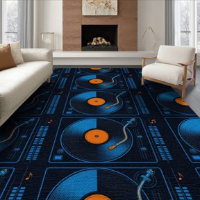 ODIKA 6'x9' Washable Area Rug Vinyl Record Retro Equalizer Bars Turntable Icons Grooves Disc Cd Refined for Queen Size Bedroom, Under Bed, Master Suite, Easy Care, Non-Shedding