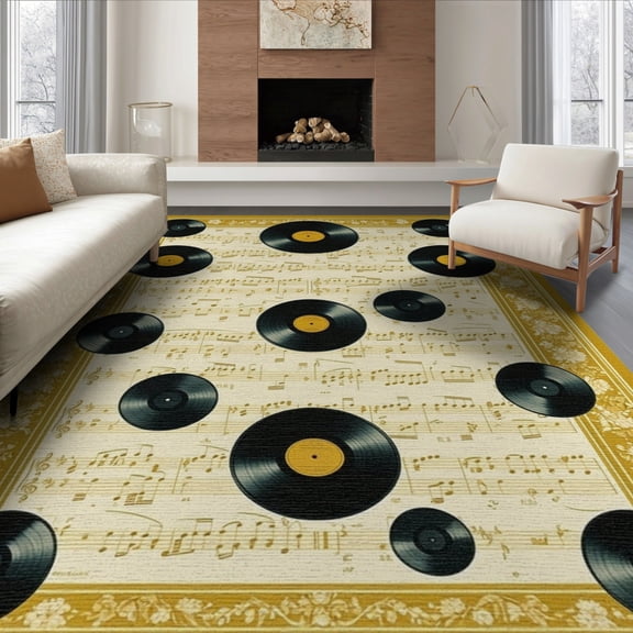 ODIKA 6'x9' Washable Area Rug Vinyl Record Vintage Music Note Retro Spinning Disc Motif Minimalist for Dining Room, Under Table, Office Décor, Non-Slip Chair-Friendly