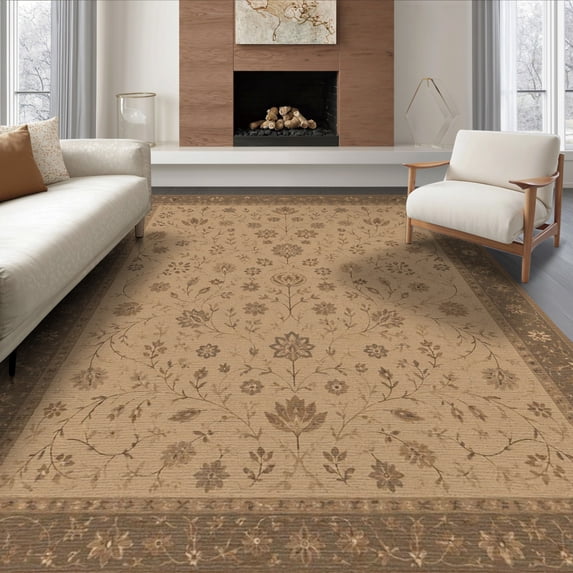 ODIKA 6'x9' Washable Area Rug Warm Beige Floral Elegance Intricate Border Classic Garden Motifs in for Family Room, Living Room, Master Bedroom, Non-Slip, Easy Care