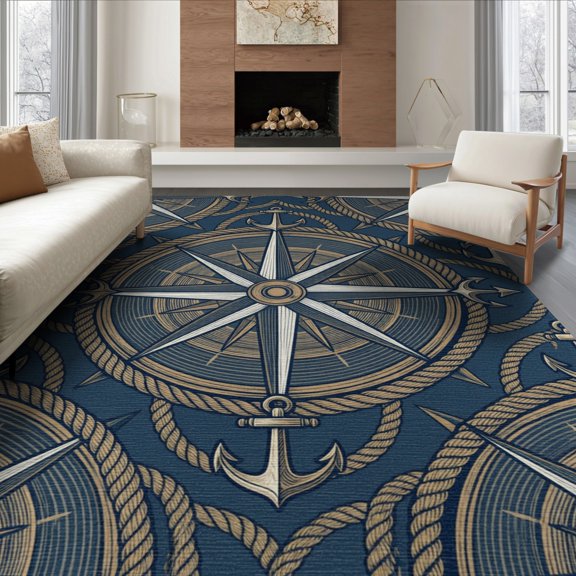 ODIKA 6'x9' Washable Area Rug Weathered Sea Captain Compass Directional Points Classic Style for Dining Room, Under Table, Office Décor, Non-Slip Chair-Friendly