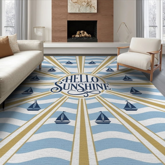 ODIKA 6'x9' Washable Area Rug Welcome Motif Doormat Layered Layering Alfombra Door Front Striped Playful for Family Room, Living Mater Bedroom, Non-Slip, Easy Care