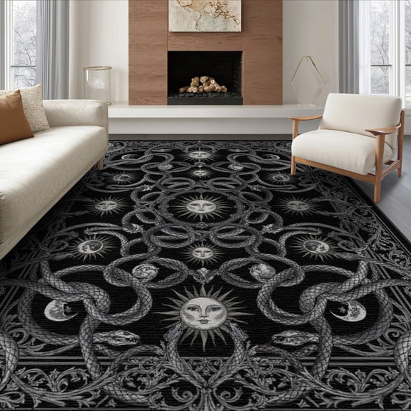 ODIKA 6'x9' Washable Area Rug Whimsy Snake Whimsigoth Serpent Tattoo Bathroom Goth Door Gothic Flowing Dynamic for Queen Size Bedroom, Under Bed, Master Suite, Easy Care, Non-Shedding