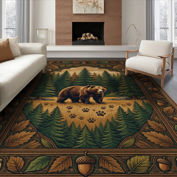 ODIKA 6'x9' Washable Area Rug Wilderness Bear Pine Tree Cabin Themed With Scattered Paw Prints for Queen Size Bedroom, Under Bed, Master Suite, Easy Care, Non-Shedding
