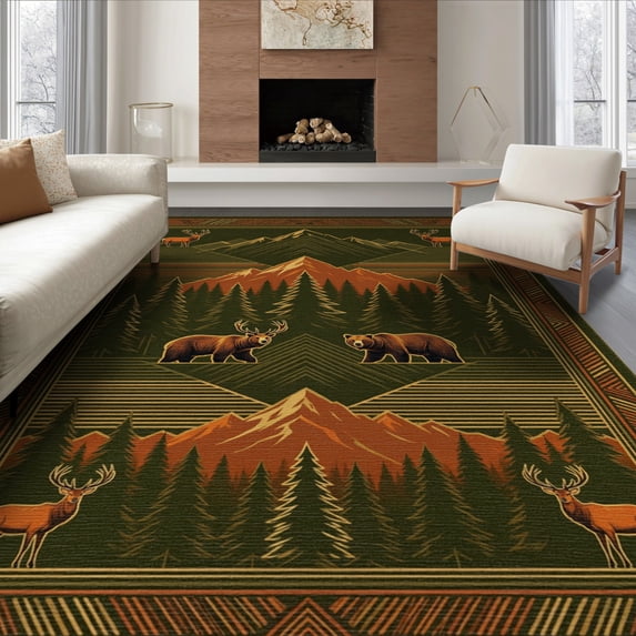 ODIKA 6'x9' Washable Area Rug Wildlife Motif Livingroom Neutral Cabin Border Large Southwestern Refined for Family Room, Living Room, Master Bedroom, Non-Slip, Easy Care