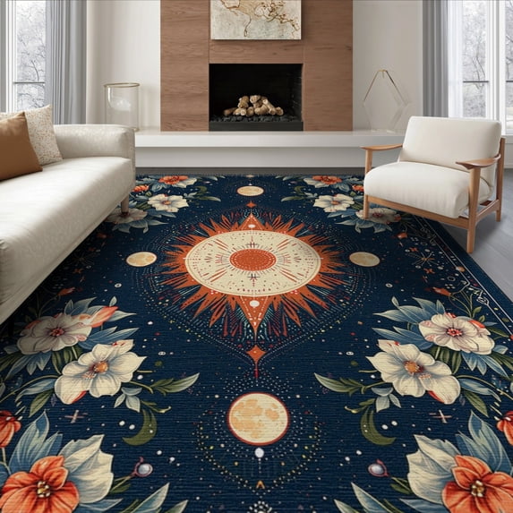 ODIKA 6'x9' Washable Area Rug Witchy Mystical Moth Boho Floral Medallion With Moon Corners for Queen Size Bedroom, Under Bed, Master Suite, Easy Care, Non-Shedding