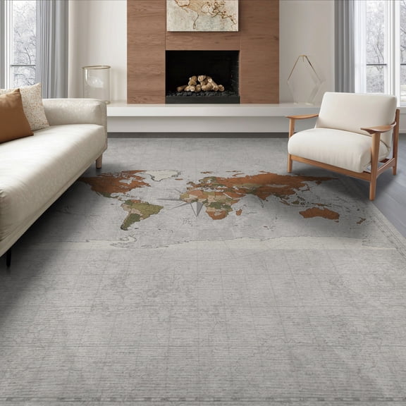 ODIKA 6'x9' Washable Area Rug World Map Design With Vintage Cartography Continent Outlines Earth Flowing for Family Room, Living Room, Master Bedroom, Non-Slip, Easy Care