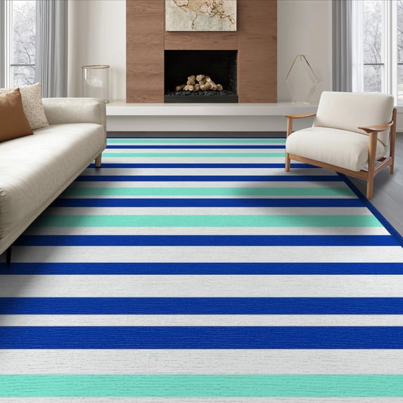 ODIKA 6'x9' Welcome Door Striped Wide Nautical Border Motif Front Layered Washable Area Rug None Non-Slip, Easy Care, for Family Room, Living Mater Bedroom