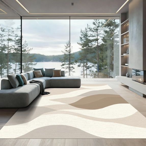 ODIKA 6'x9' Machine Washable Non-Slip Area Rug, Abstract Beige High Traffic Rug with Pad, Beige, 1058590