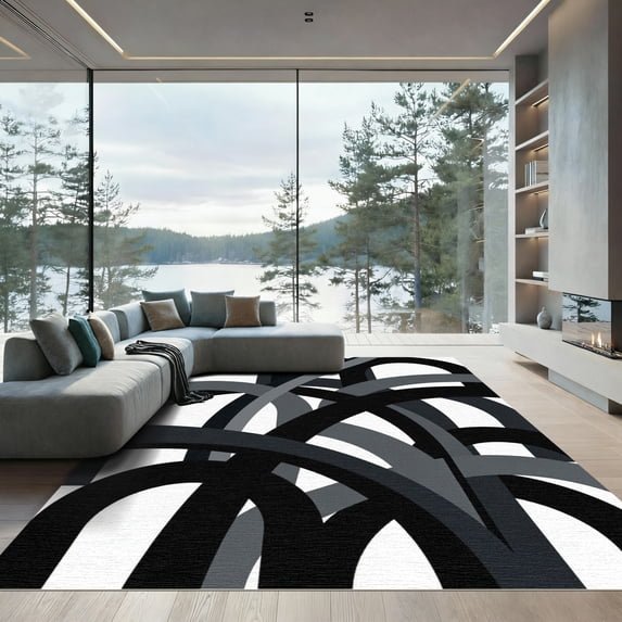 ODIKA 6'x9' Machine Washable Non-Slip Area Rug, Abstract Black High Traffic Rug, Black, 1102024