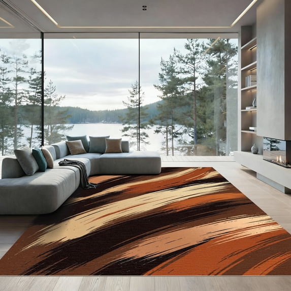 ODIKA 6'x9' Machine Washable Non-Slip Area Rug, Abstract Brown High Traffic Rug, Brown, 988849