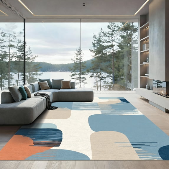 ODIKA 6'x9' Machine Washable Non-Slip Area Rug, Abstract Dusty Blue High Traffic Rug with Pad, Blue, 1039609