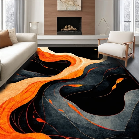 ODIKA 6'x9' Machine Washable Non-Slip Area Rug, Flow Designer with Dramatic Swirling High Traffic Rug, Orange, 110649